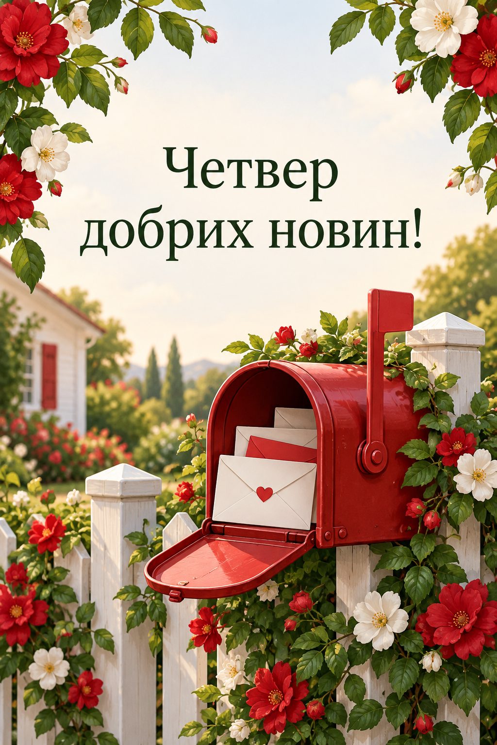 Листівка доброго ранку: поштова скринька з листами й квітами, напис «Четвер добрих новин!»
