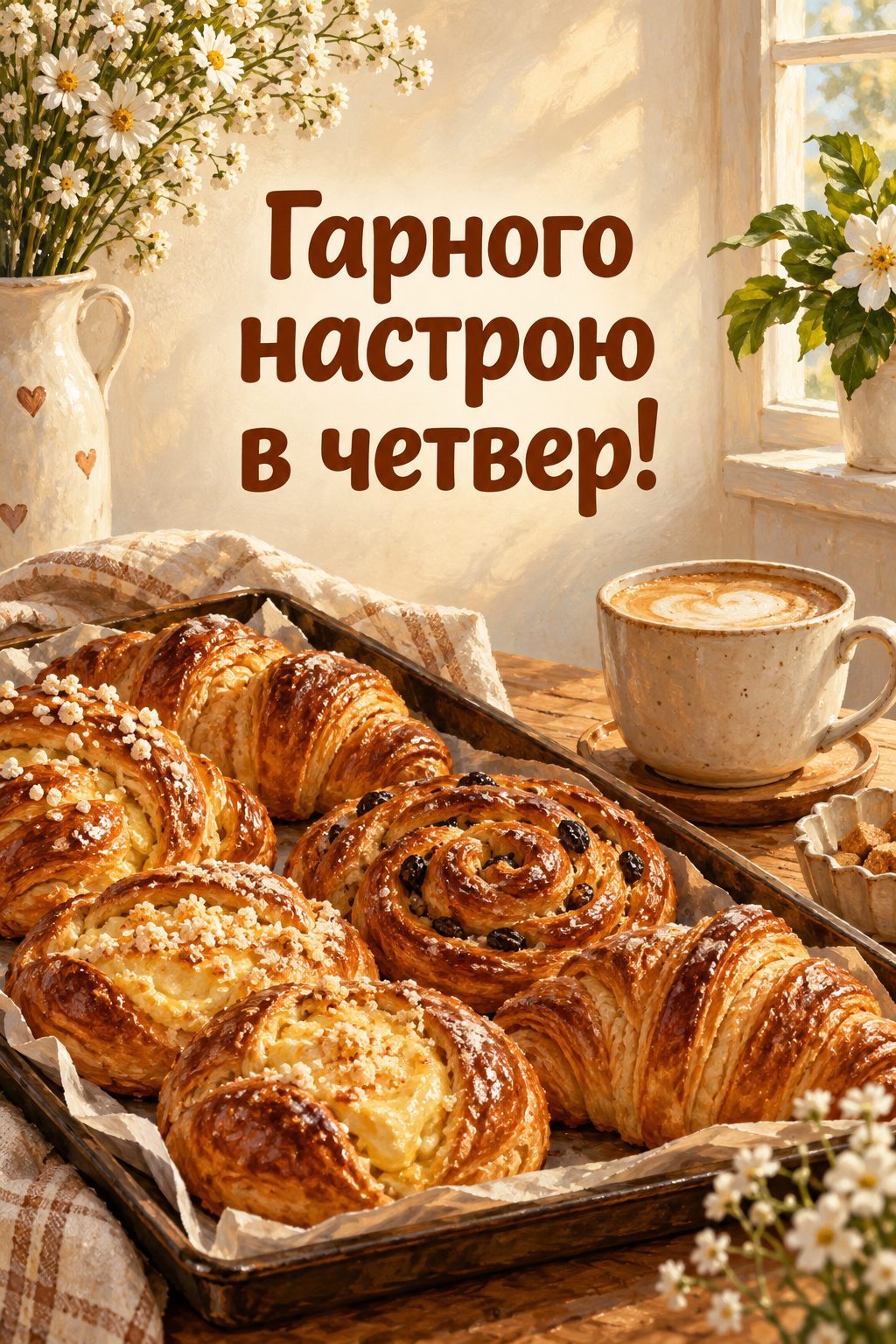 Листівка доброго ранку: свіжа випічка на таці й кава, напис «Гарного настрою в четвер!»