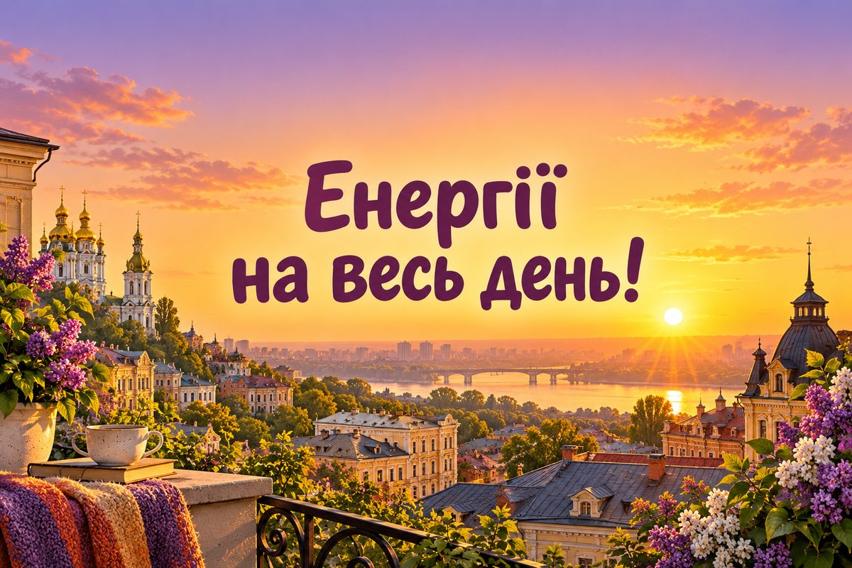 Листівка доброго ранку: дахи міста на світанку, напис «Енергії на весь день!»