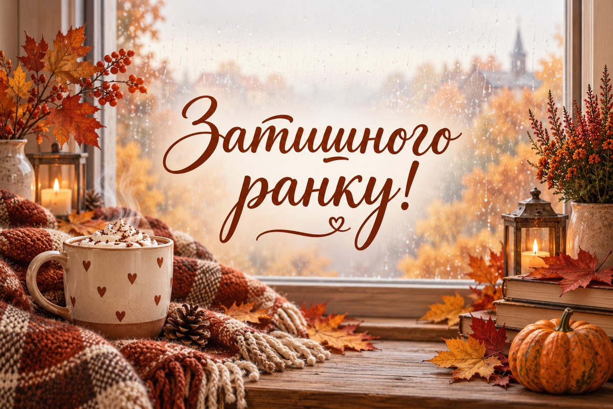 Листівка доброго ранку: какао й осіннє листя біля вікна, напис «Затишного ранку!»