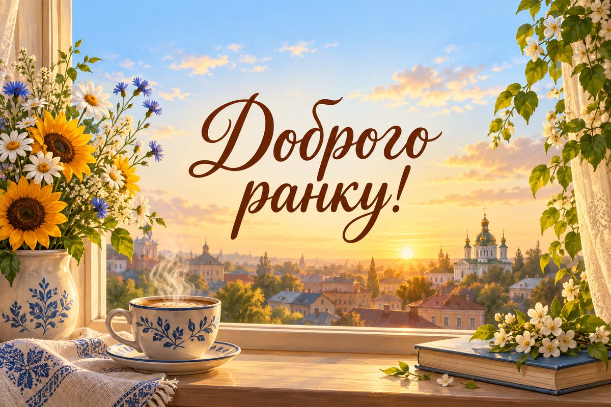 Листівка доброго ранку: кава на підвіконні на світанку, напис «Доброго ранку!»