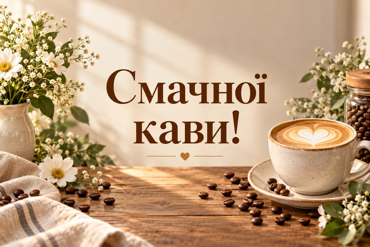 Листівка доброго ранку: кава із сердечком на піні, напис «Смачної кави!»