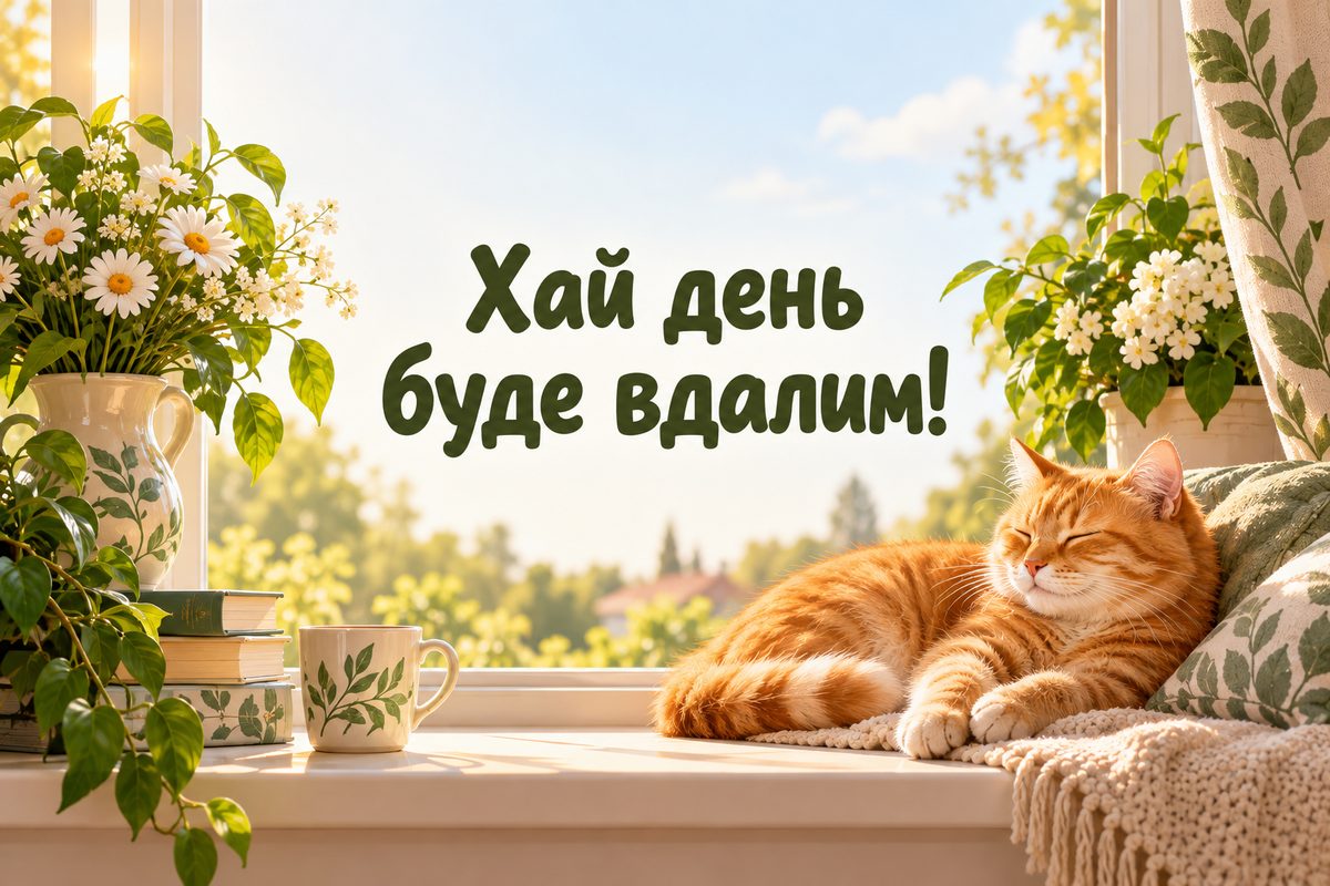 Листівка доброго ранку: кіт гріється на сонці, напис «Хай день буде вдалим!»
