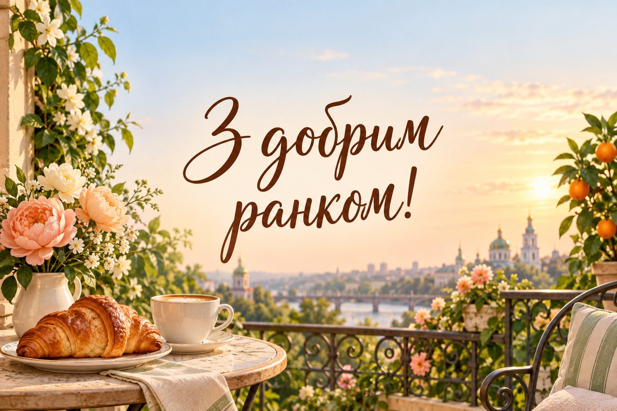Листівка доброго ранку: круасан і кава на балконі, напис «З добрим ранком!»