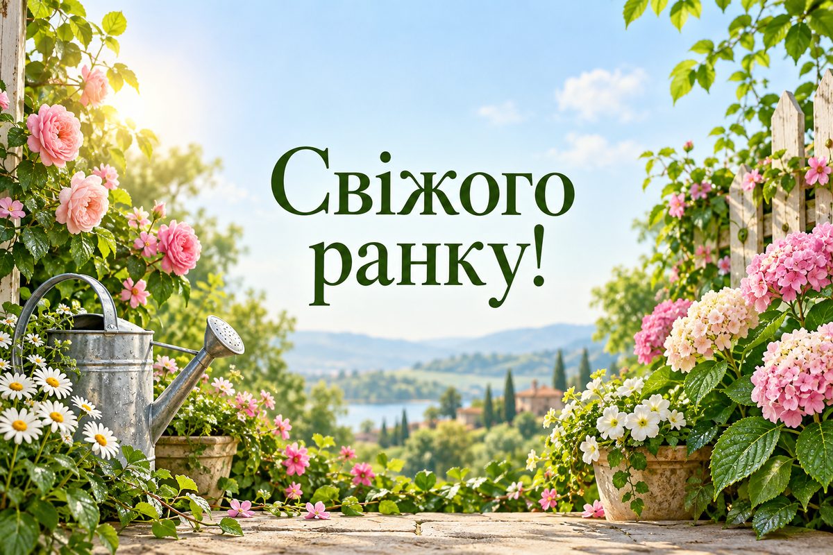 Листівка доброго ранку: квіти в росі й лійка, напис «Свіжого ранку!»