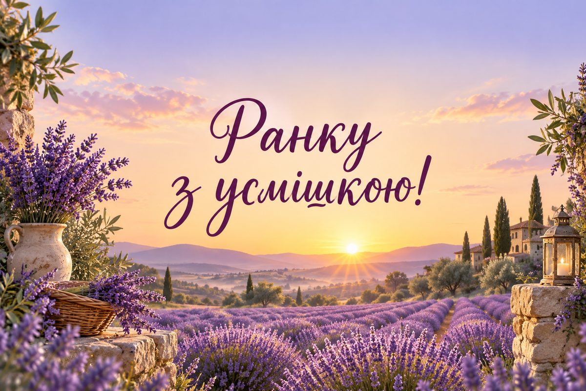 Листівка доброго ранку: лавандове поле зранку, напис «Ранку з усмішкою!»