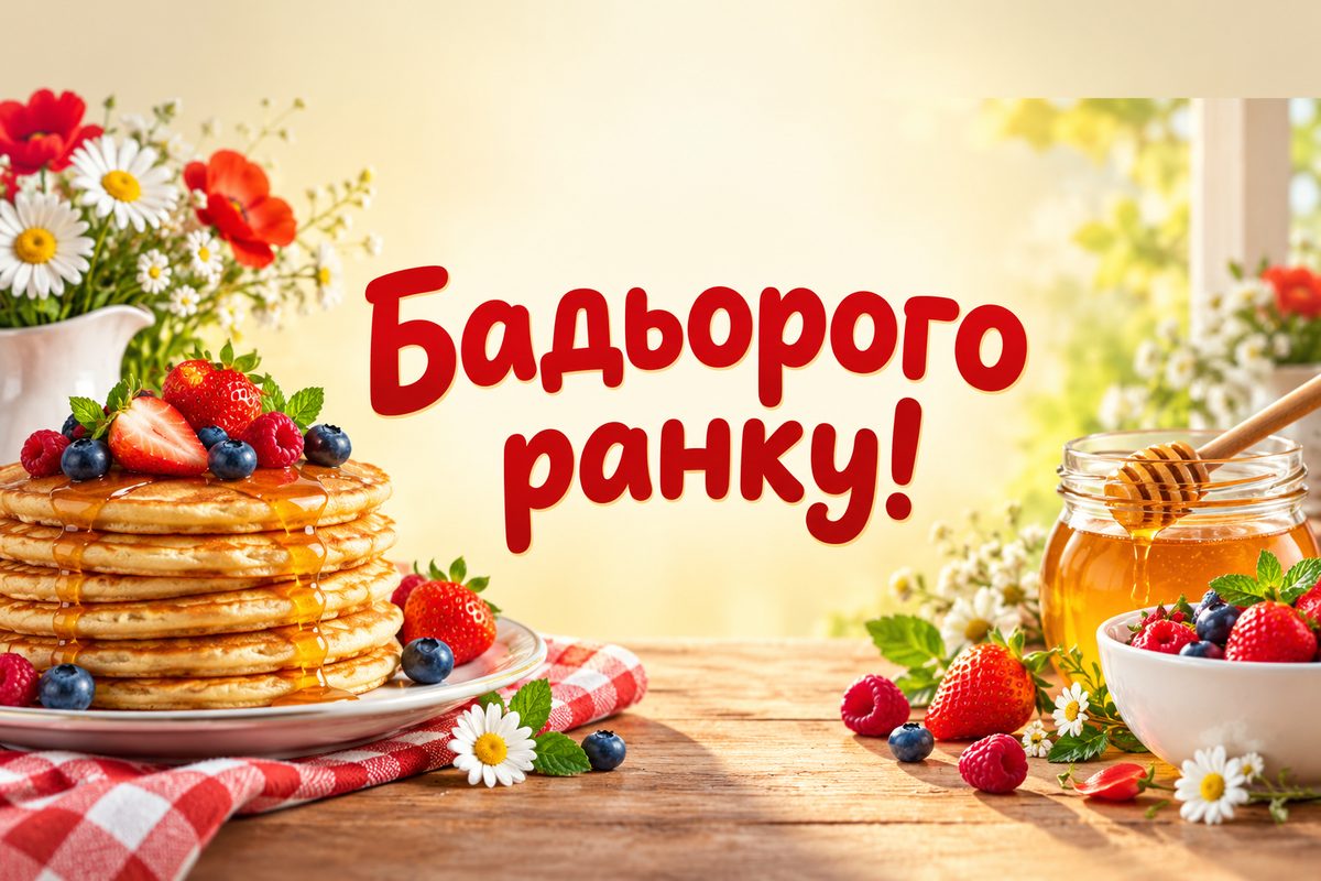Листівка доброго ранку: млинці з ягодами на сніданок, напис «Бадьорого ранку!»
