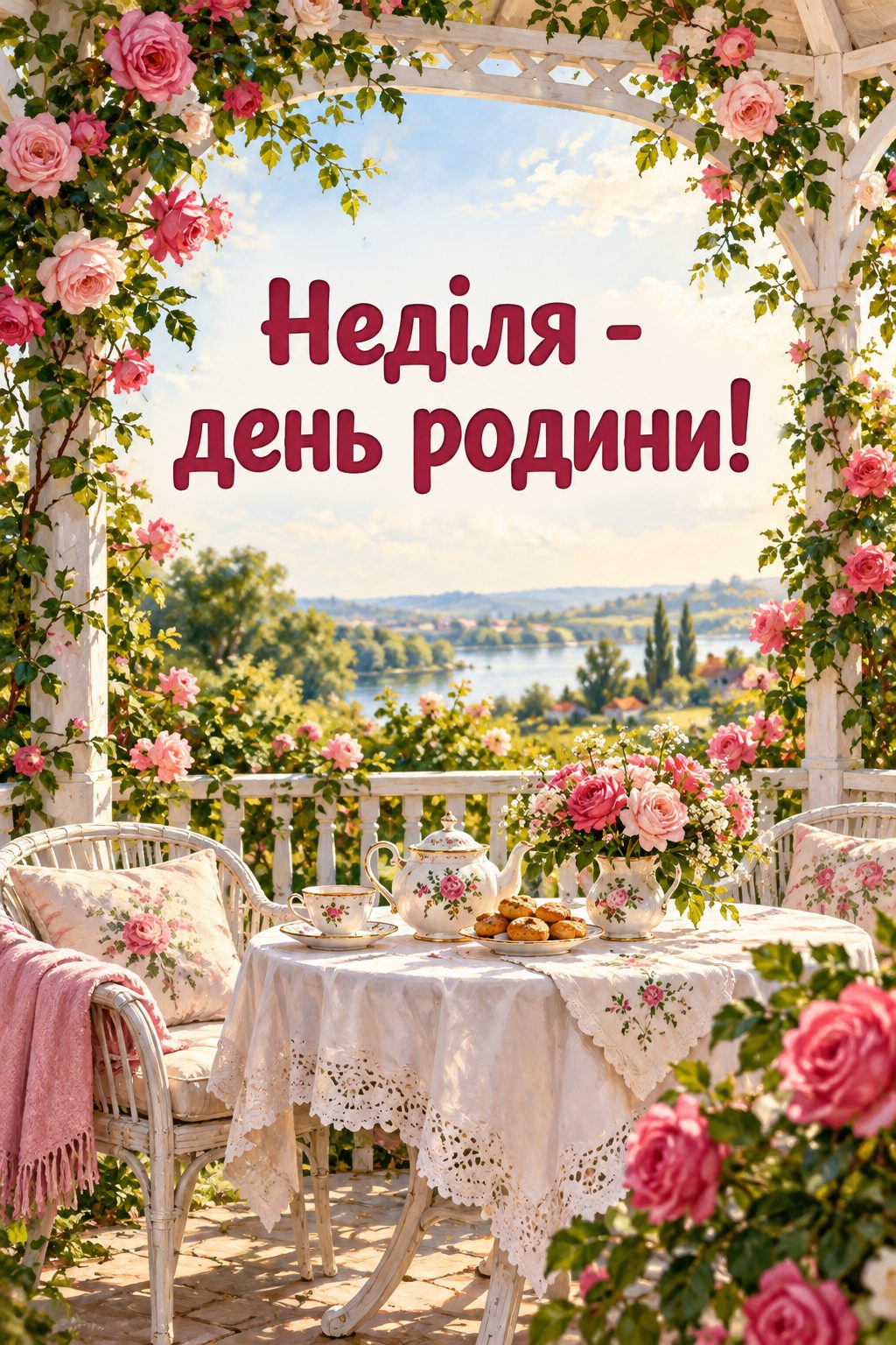 Листівка доброго ранку: альтанка з чайним сервізом і трояндами, напис «Неділя - день родини!»
