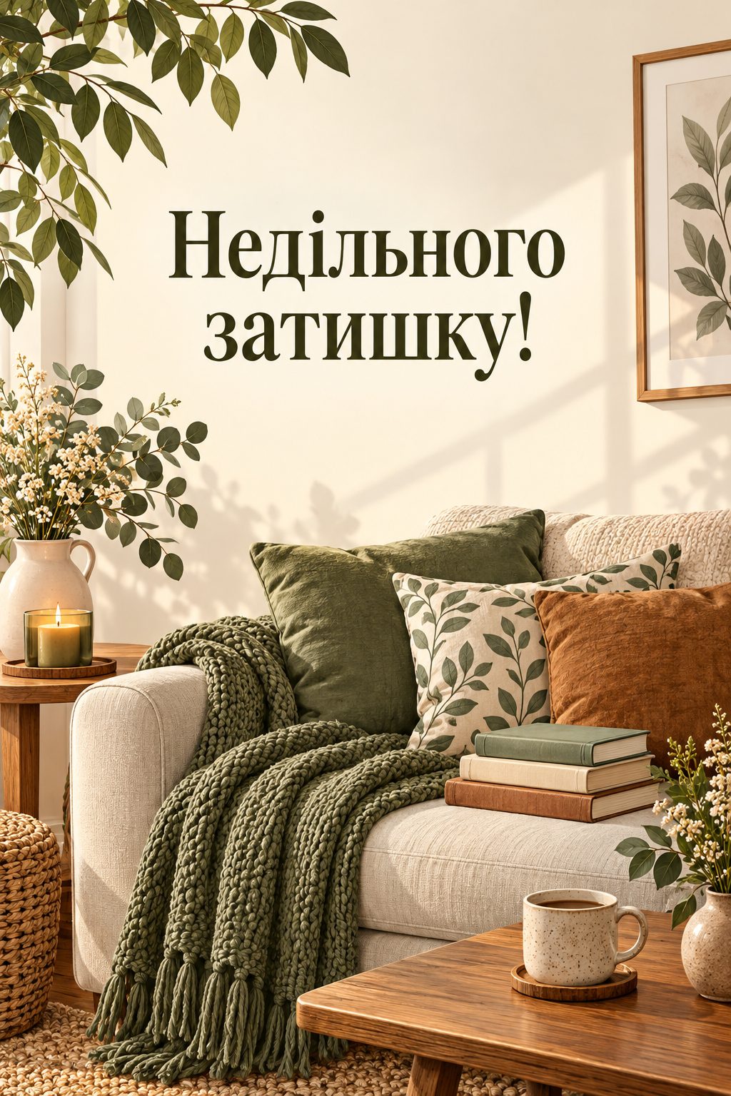Листівка доброго ранку: затишний диван із пледом і книжками, напис «Недільного затишку!»