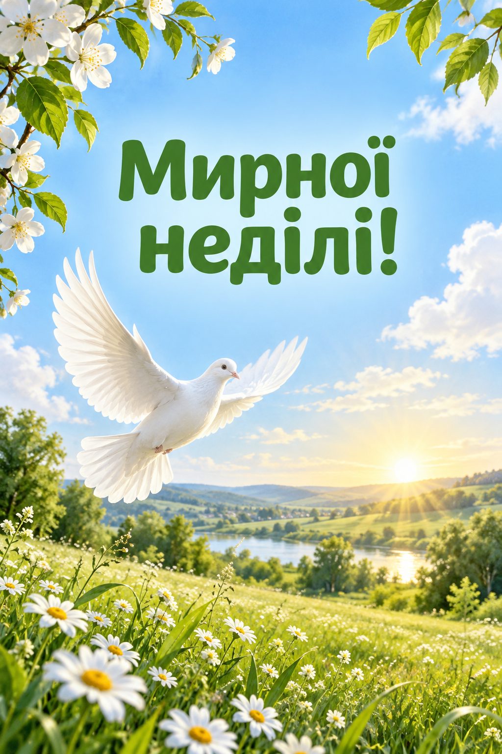 Листівка доброго ранку: білий голуб над сонячним лугом, напис «Мирної неділі!»