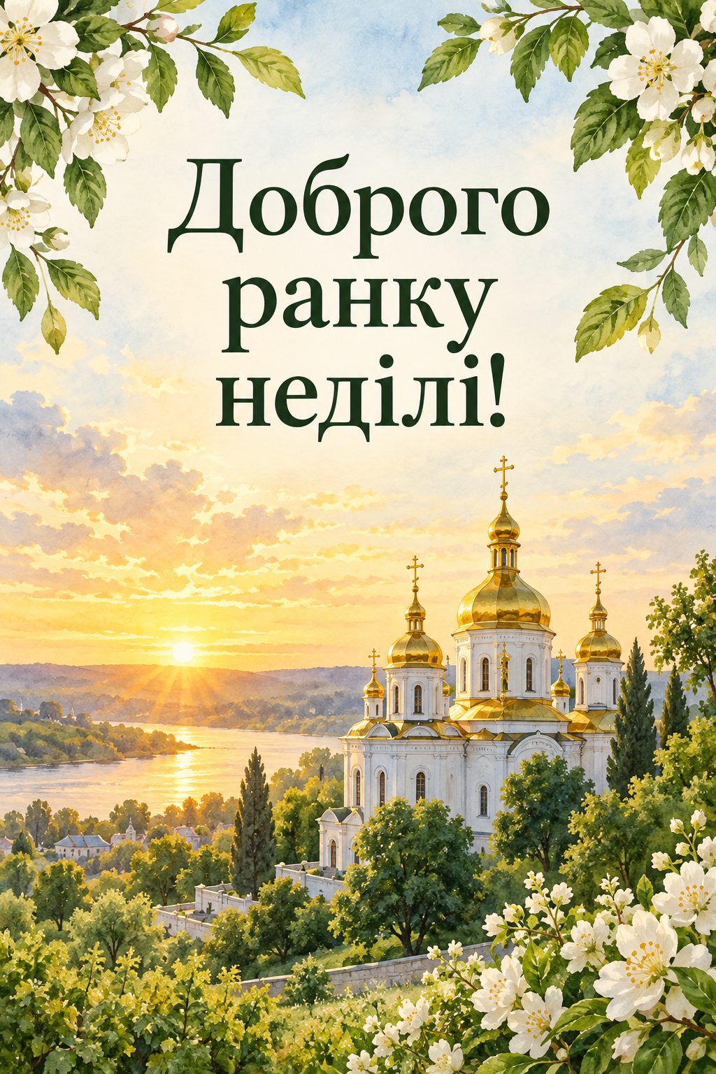 Листівка доброго ранку: церква із золотими банями на світанку, напис «Доброго ранку неділі!»