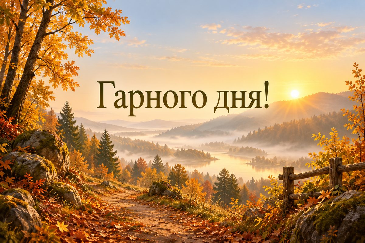 Листівка доброго ранку: осінній ліс у тумані, напис «Гарного дня!»