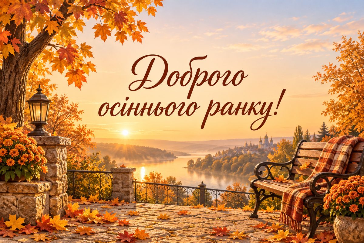 Листівка доброго ранку: осінній парк зранку, напис «Доброго осіннього ранку!»