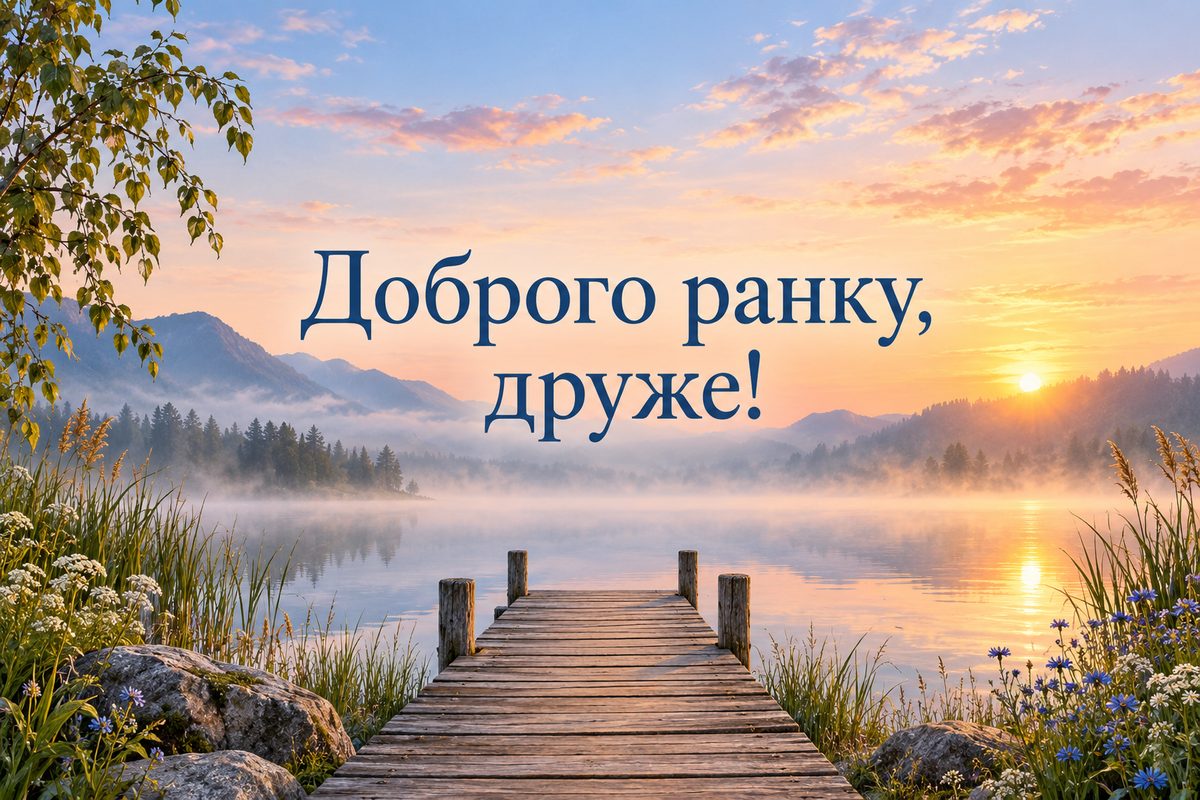 Листівка доброго ранку: озеро в тумані на світанку, напис «Доброго ранку, друже!»