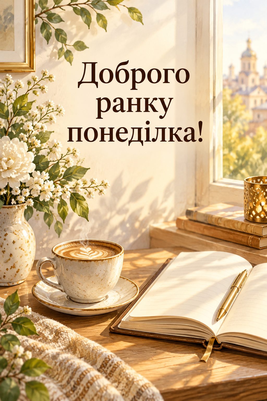 Листівка доброго ранку: чашка кави й записник на столі біля сонячного вікна, напис «Доброго ранку понеділка!»