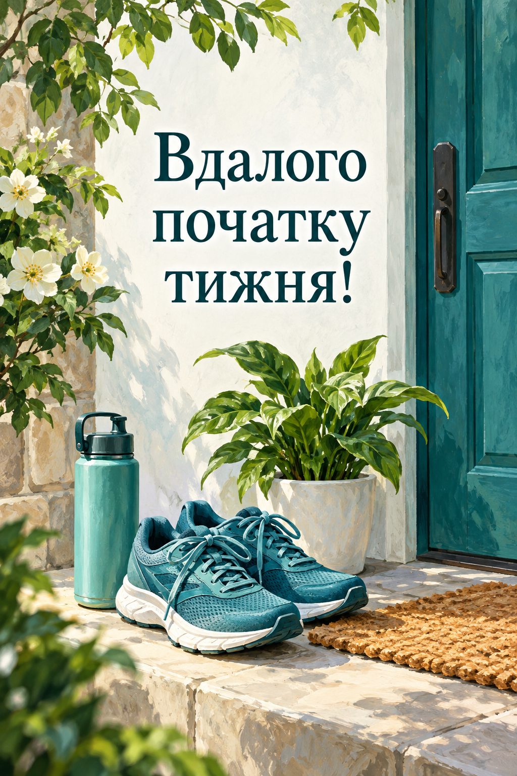 Листівка доброго ранку: кросівки біля дверей і пляшка води, напис «Вдалого початку тижня!»