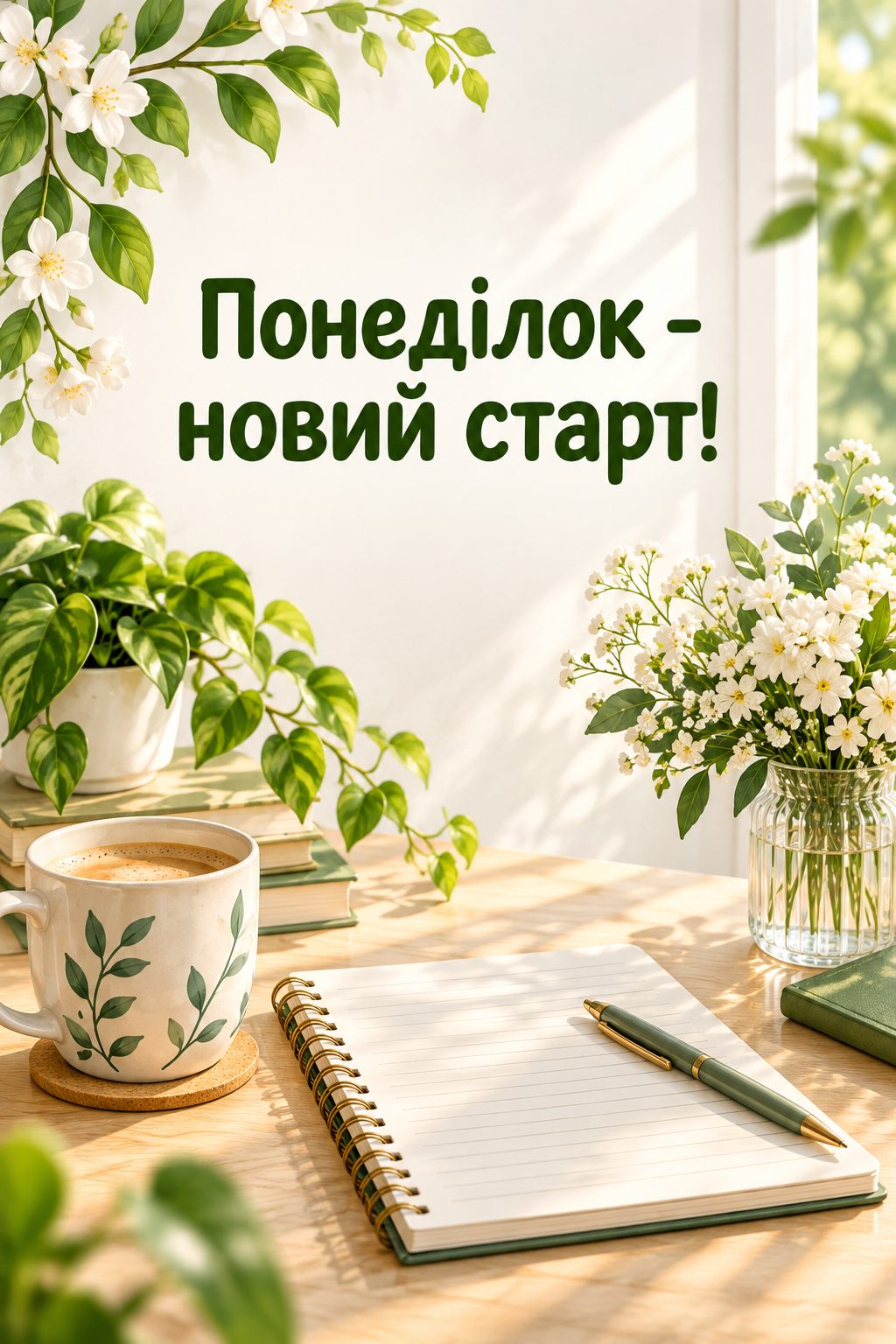 Листівка доброго ранку: охайний робочий стіл із записником і рослиною, напис «Понеділок - новий старт!»