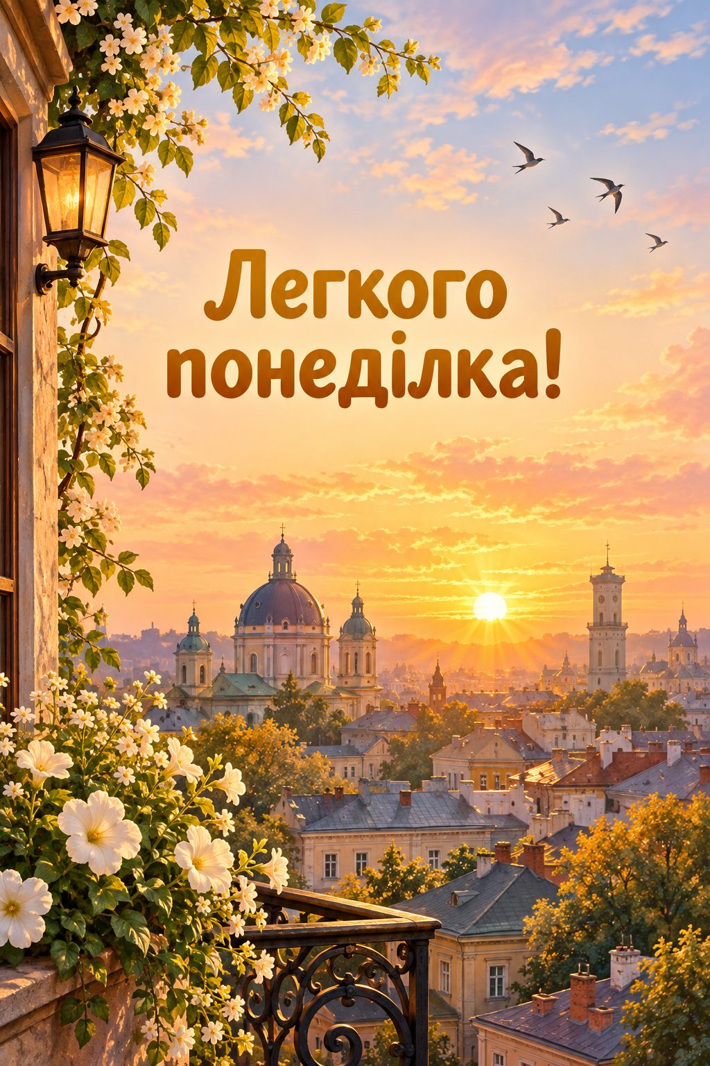 Листівка доброго ранку: світанок над дахами міста, напис «Легкого понеділка!»