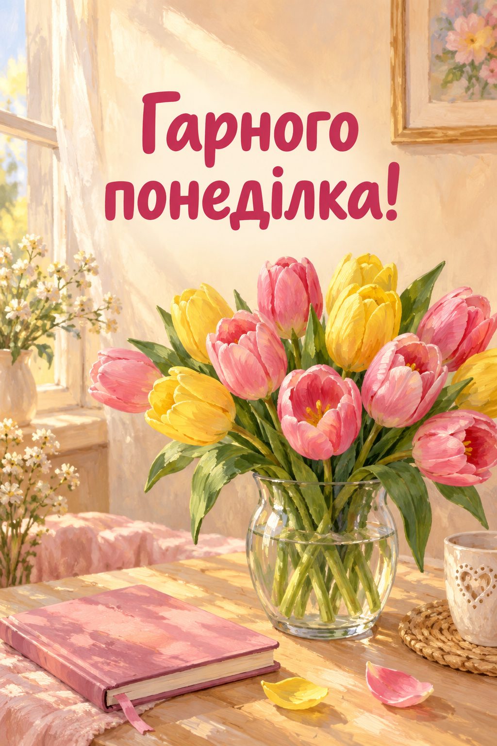 Листівка доброго ранку: букет тюльпанів і записник, напис «Гарного понеділка!»
