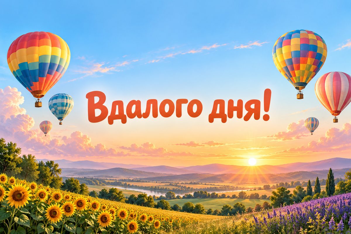 Листівка доброго ранку: повітряні кулі на світанку, напис «Вдалого дня!»