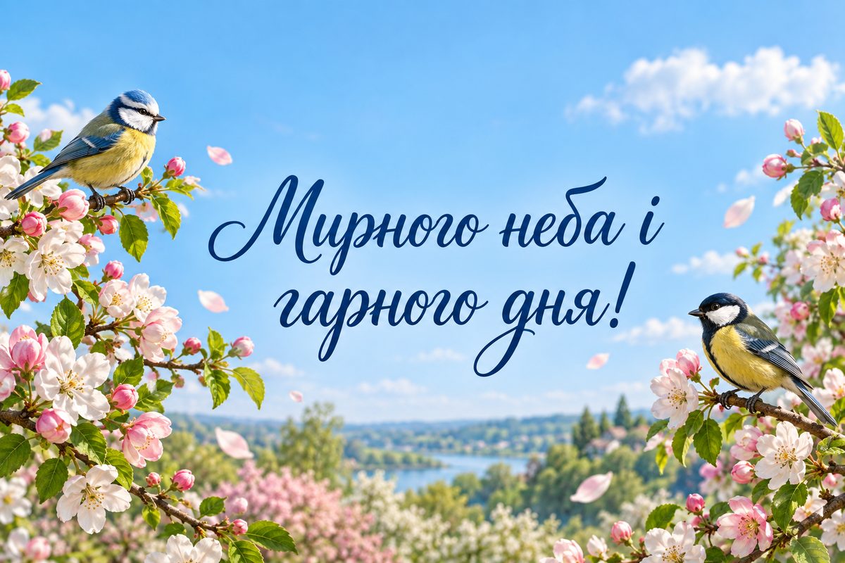 Листівка доброго ранку: пташки на квітучій гілці, напис «Мирного неба і гарного дня!»
