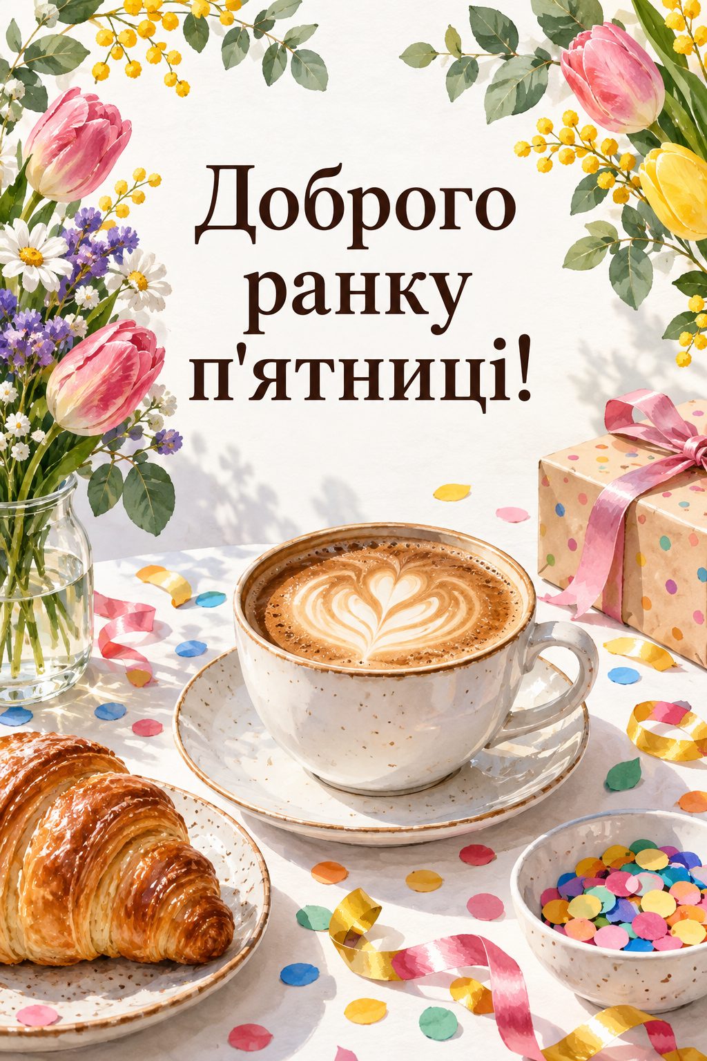 Листівка доброго ранку: чашка кави серед конфеті, напис «Доброго ранку п'ятниці!»