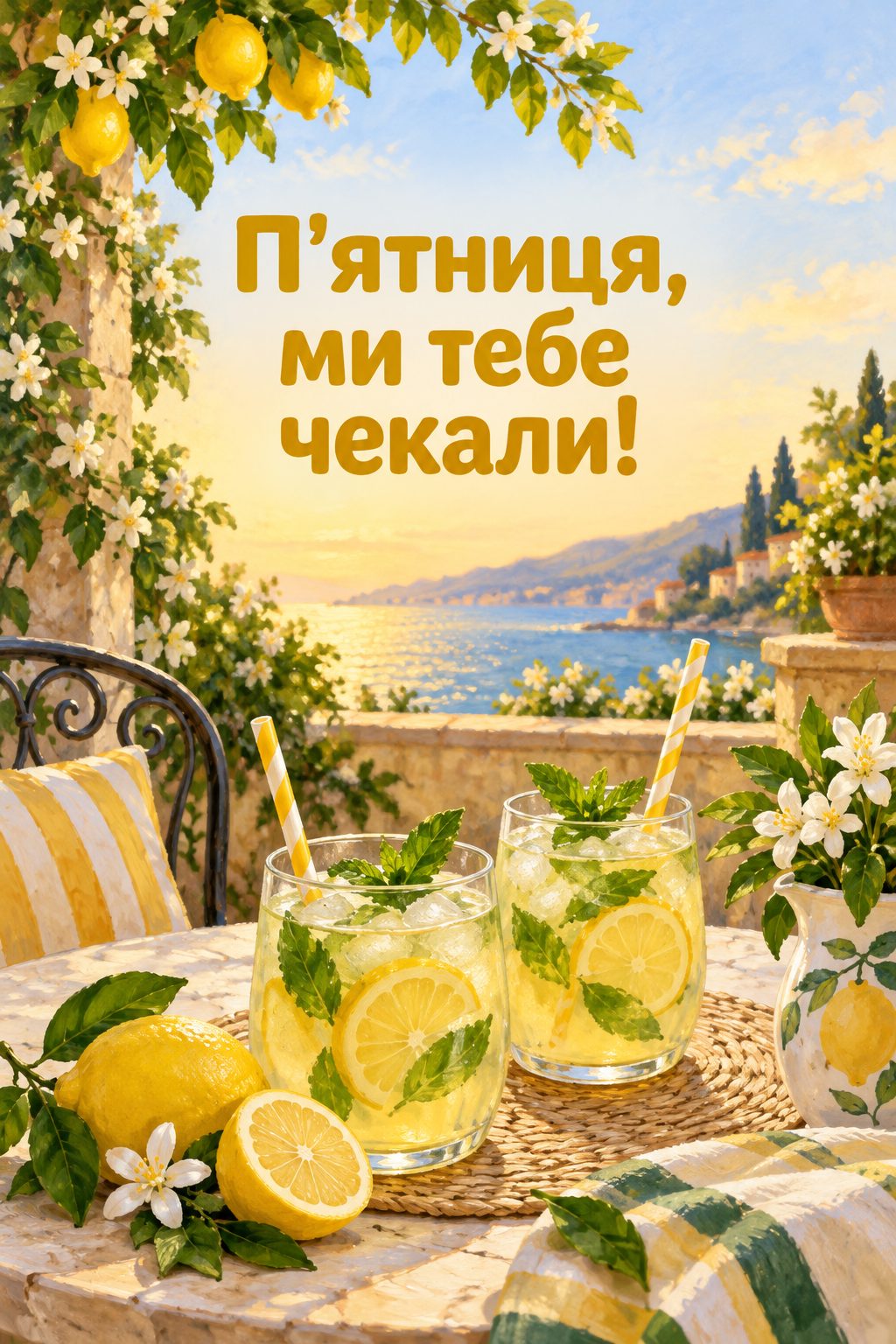 Листівка доброго ранку: дві склянки лимонаду з м'ятою на терасі, напис «П'ятниця, ми тебе чекали!»