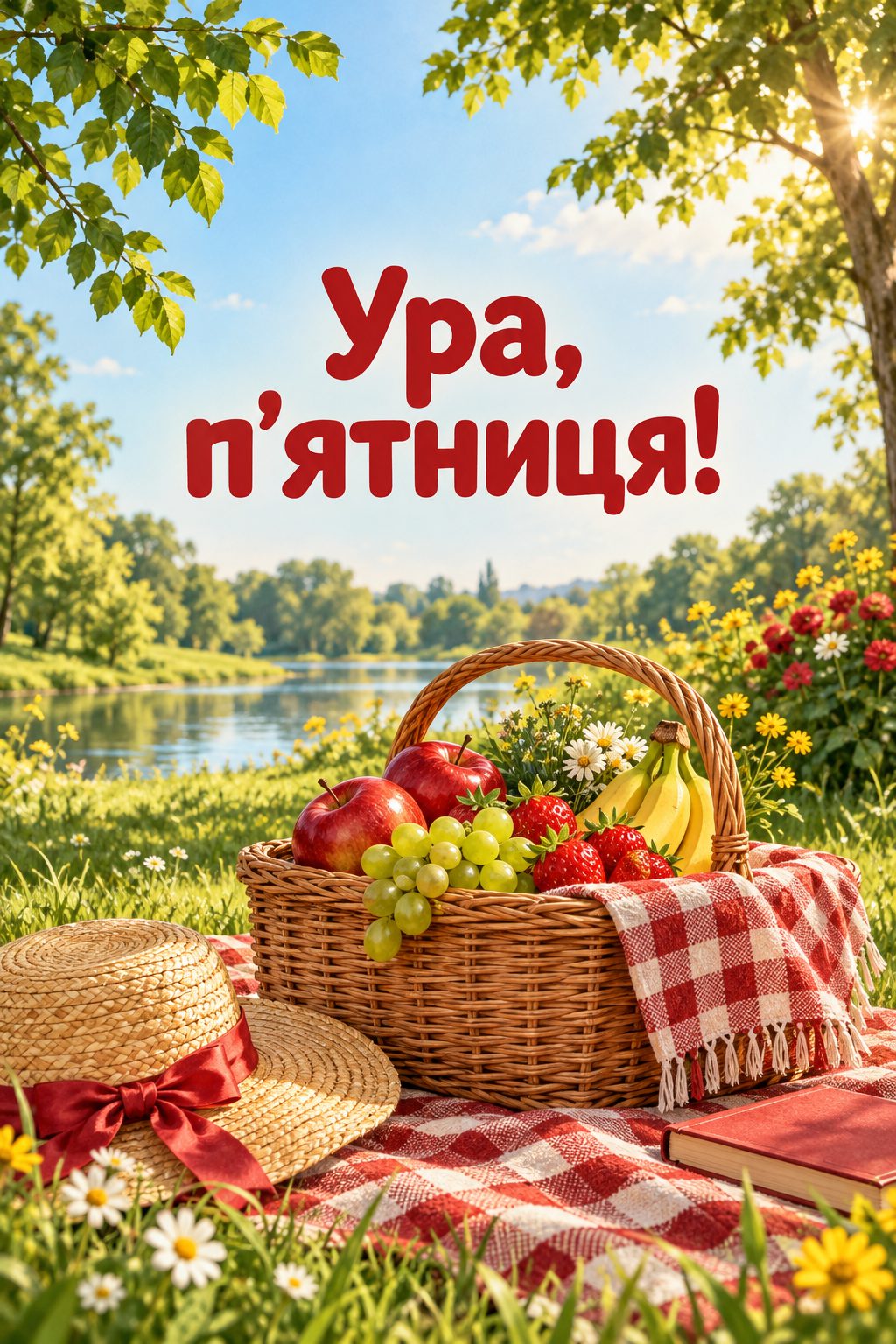 Листівка доброго ранку: кошик для пікніка в сонячному парку, напис «Ура, п'ятниця!»
