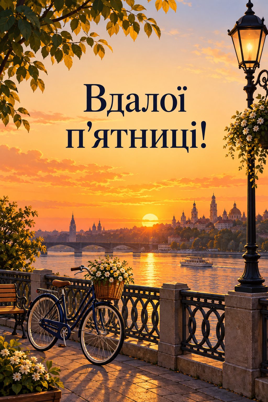 Листівка доброго ранку: велосипед на набережній на заході сонця, напис «Вдалої п'ятниці!»