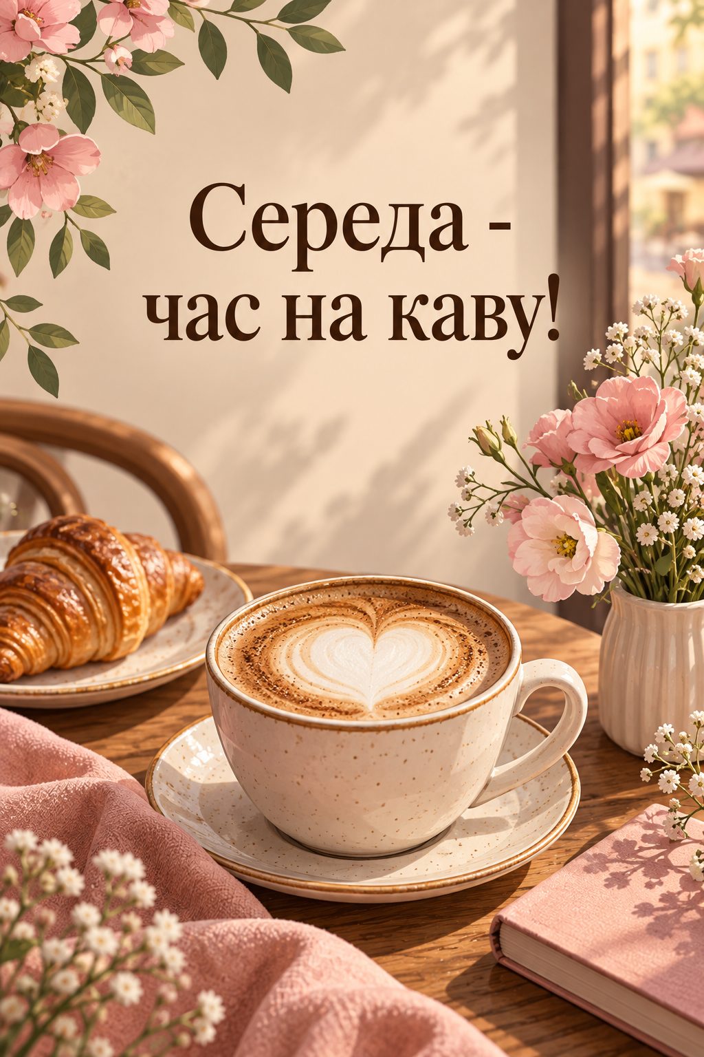 Листівка доброго ранку: капучино із сердечком на піні, напис «Середа - час на каву!»