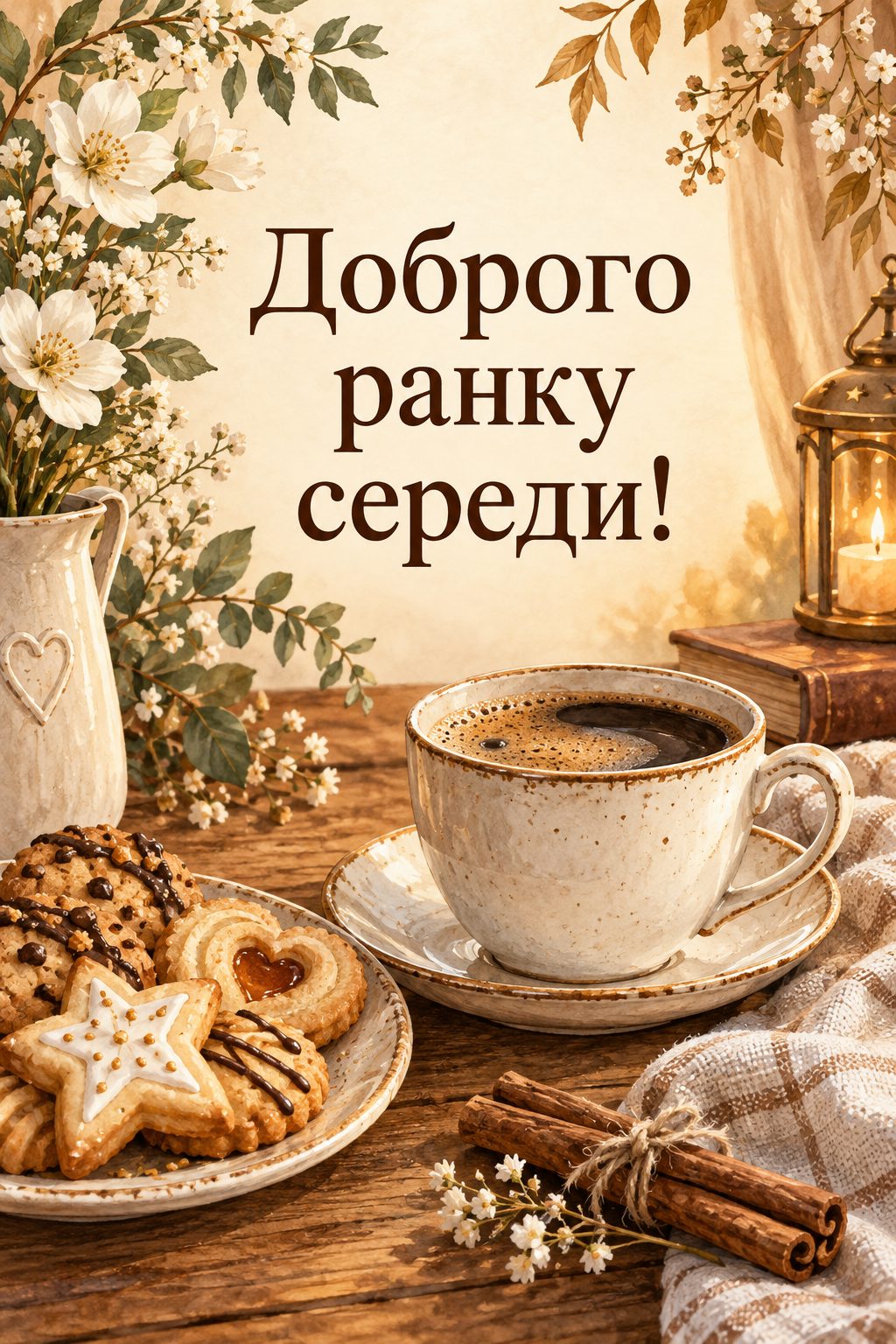 Листівка доброго ранку: чашка кави й тарілка печива, напис «Доброго ранку середи!»