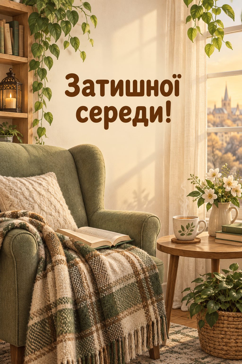 Листівка доброго ранку: крісло з книжкою й пледом біля вікна, напис «Затишної середи!»
