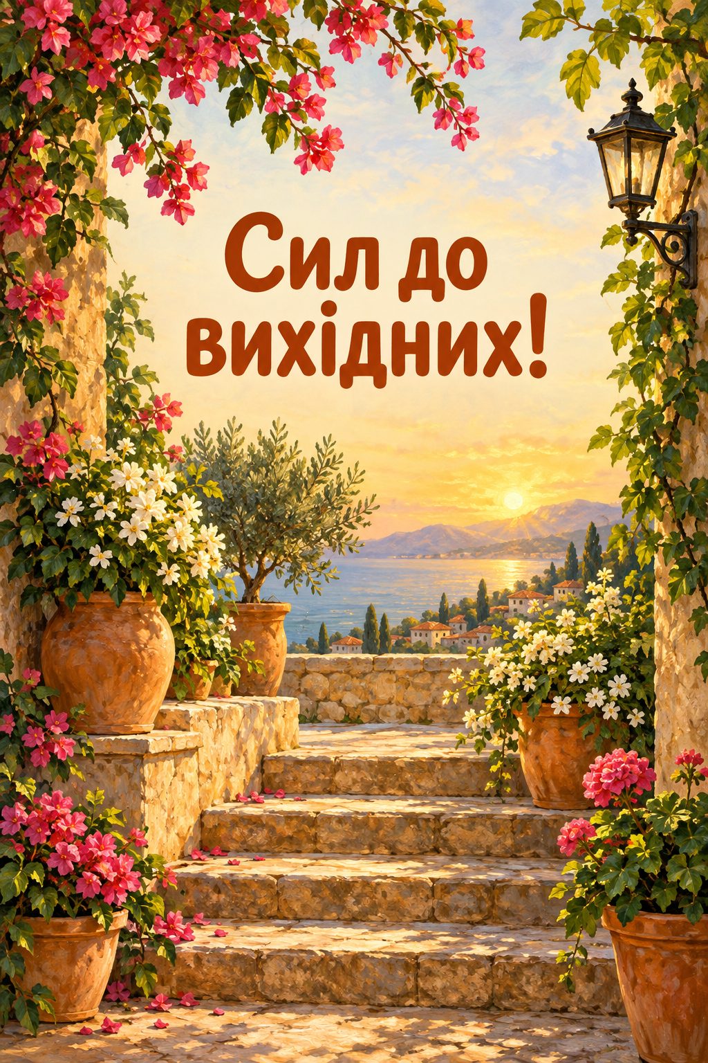Листівка доброго ранку: сходи до сонячної тераси з квітами, напис «Сил до вихідних!»