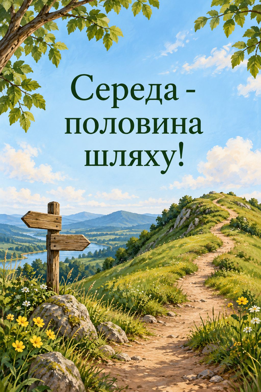 Листівка доброго ранку: стежка на пагорб із дороговказом посередині, напис «Середа - половина шляху!»