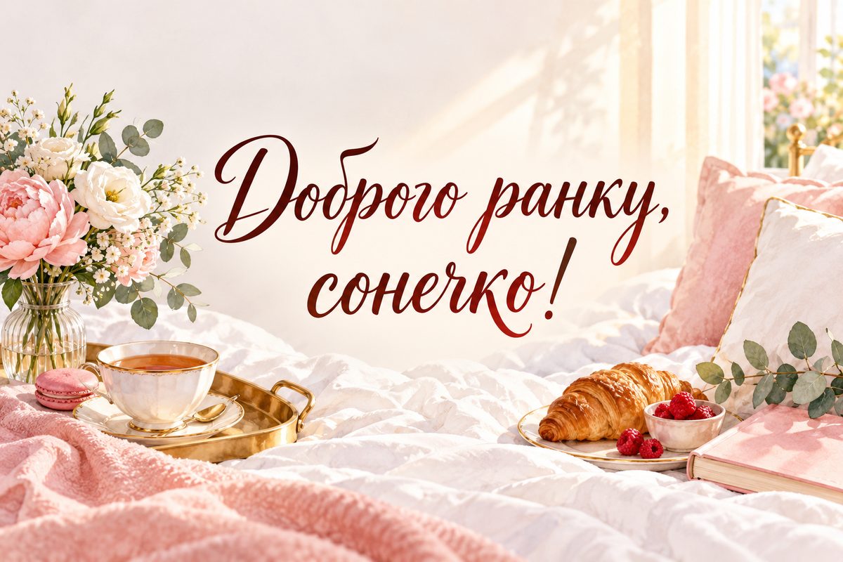 Листівка доброго ранку: сніданок у ліжко з чаєм і квітами, напис «Доброго ранку, сонечко!»