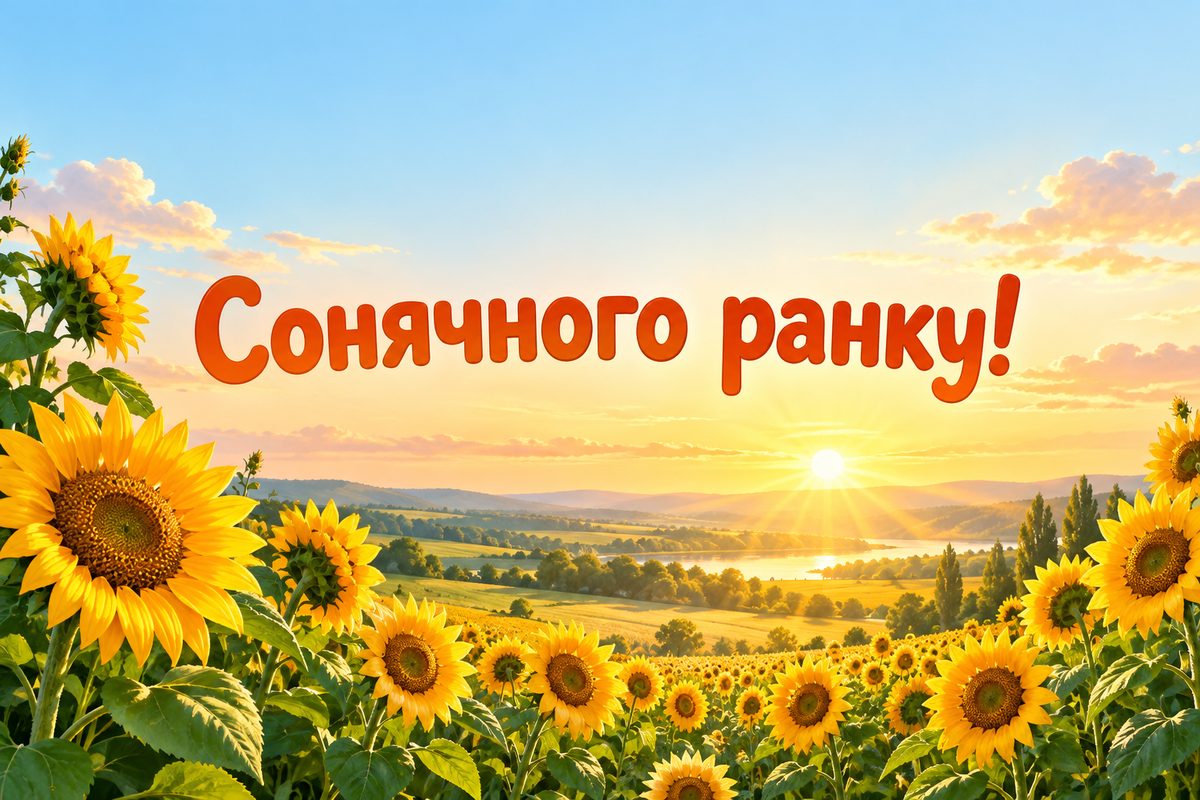 Листівка доброго ранку: соняшникове поле на світанку, напис «Сонячного ранку!»