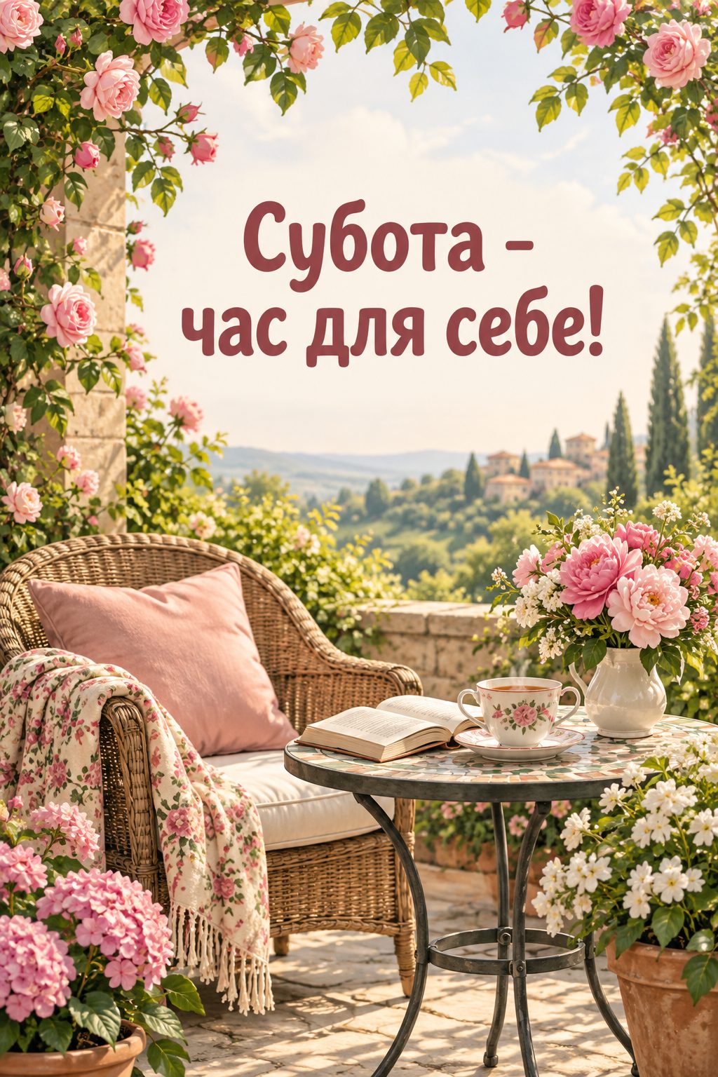 Листівка доброго ранку: садове крісло з книжкою й чаєм, напис «Субота - час для себе!»