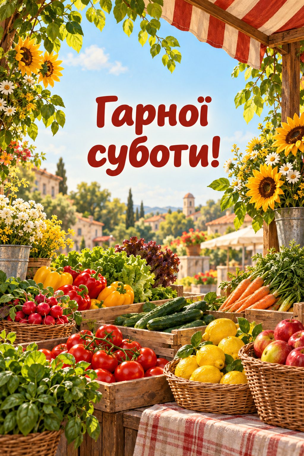 Листівка доброго ранку: ринковий прилавок з овочами, фруктами й квітами, напис «Гарної суботи!»