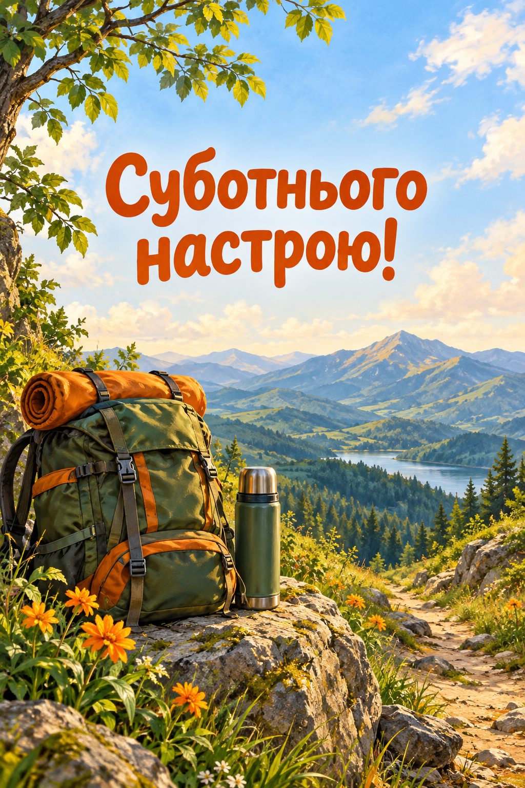 Листівка доброго ранку: рюкзак і термос біля гірської стежки, напис «Суботнього настрою!»