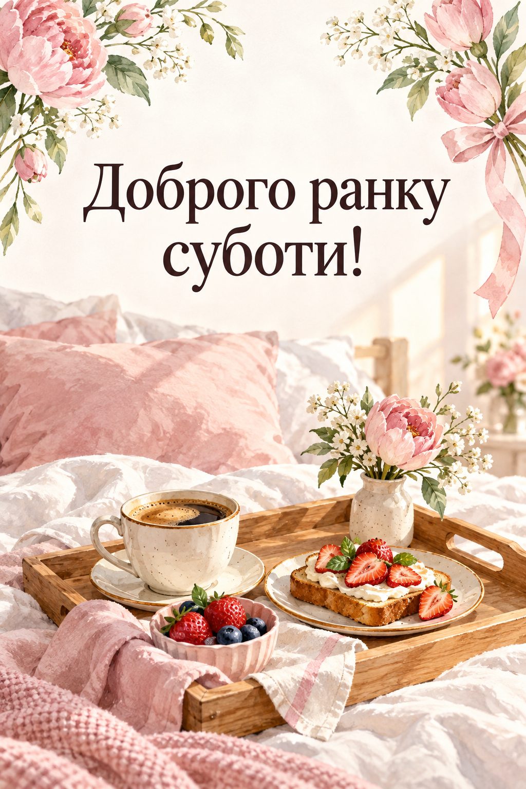 Листівка доброго ранку: таця зі сніданком і квіткою на ліжку, напис «Доброго ранку суботи!»