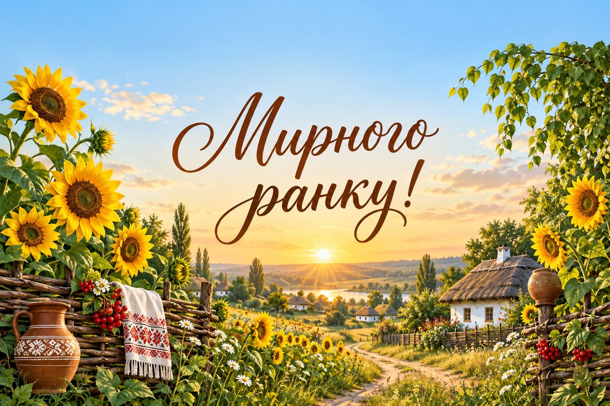 Листівка доброго ранку: українське село з соняшниками на світанку, напис «Мирного ранку!»