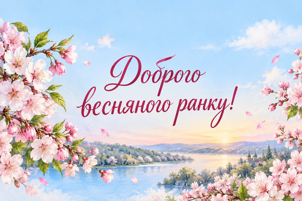 Листівка доброго ранку: квітуча гілка навесні, напис «Доброго весняного ранку!»