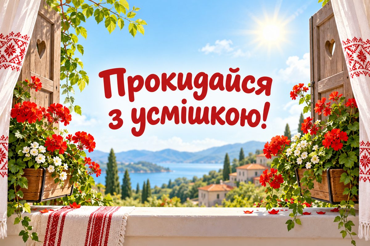 Листівка доброго ранку: вікно з віконницями й квітами, напис «Прокидайся з усмішкою!»