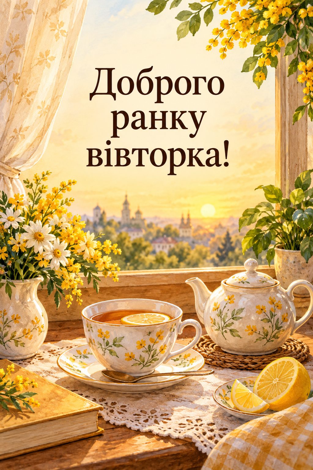 Листівка доброго ранку: чашка чаю з лимоном і чайничок, напис «Доброго ранку вівторка!»