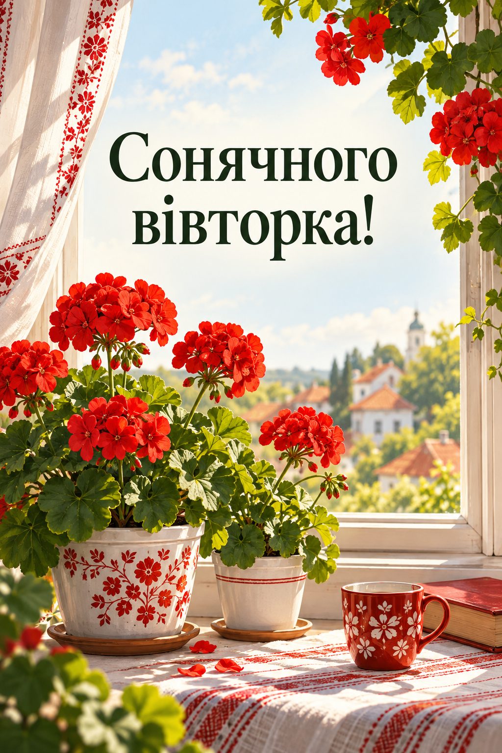Листівка доброго ранку: сонячне вікно з геранню, напис «Сонячного вівторка!»