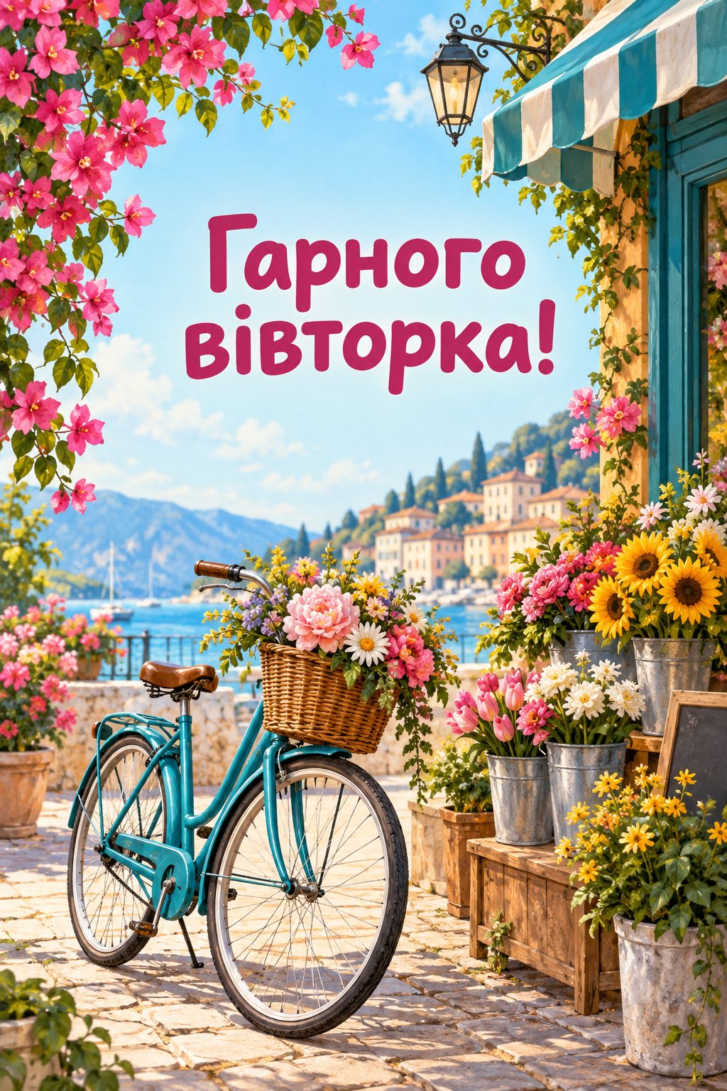 Листівка доброго ранку: велосипед біля квіткової ятки, напис «Гарного вівторка!»
