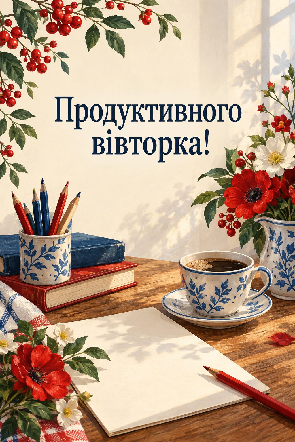 Листівка доброго ранку: стіл з аркушем, олівцями й кавою, напис «Продуктивного вівторка!»