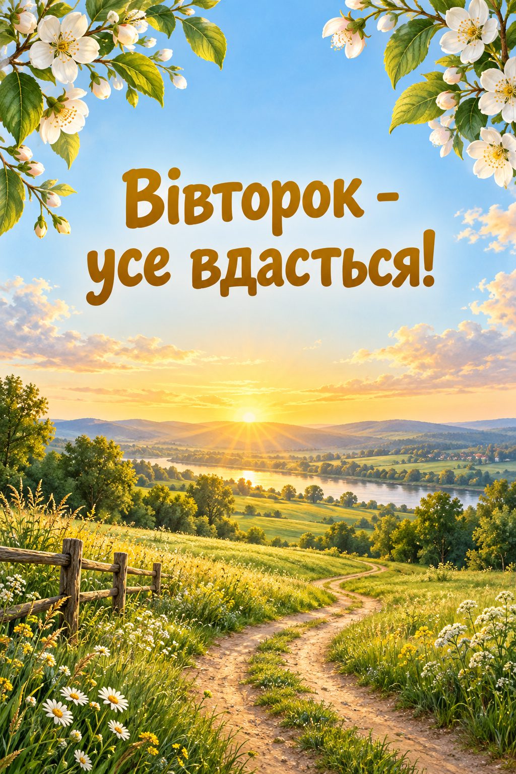 Листівка доброго ранку: світанок над зеленими полями, напис «Вівторок - усе вдасться!»