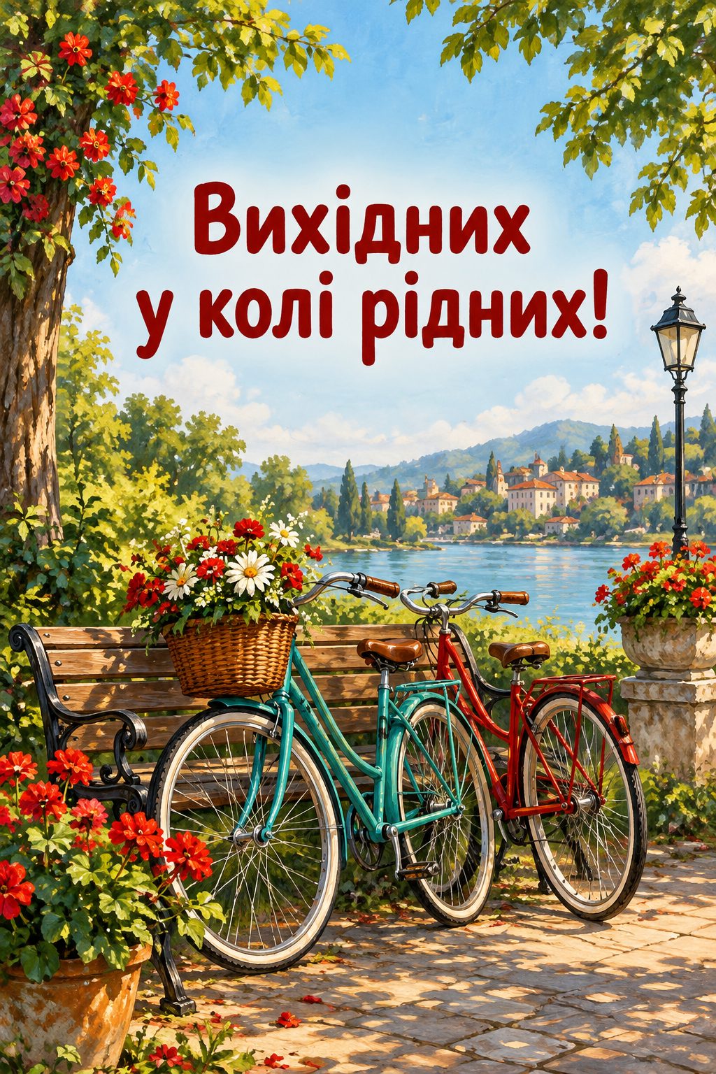 Листівка доброго ранку: два велосипеди біля лави в парку, напис «Вихідних у колі рідних!»