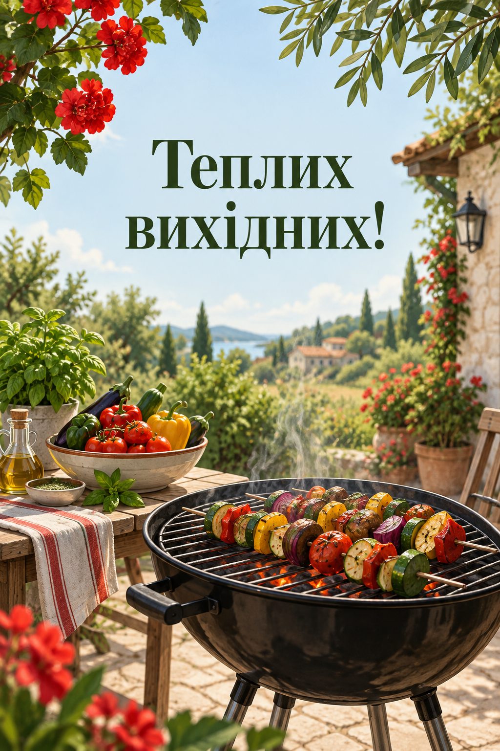 Листівка доброго ранку: гриль з овочами в літньому саду, напис «Теплих вихідних!»